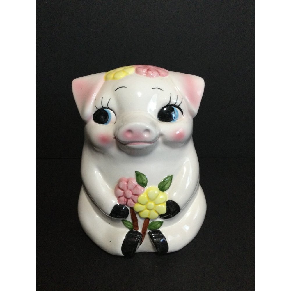Vintage Happy Pig Piggy Bank Sitting White Yellow Pink Floral Bouquet Figurine